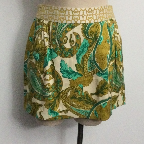 Nwot Milly Silk Paisley Mini Skirt Size 4 Cream Gold And Green